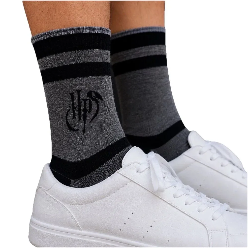 Harry Potter Womens Crew Socks Size 6-12 Gray Black Striped Casual Logo NWT